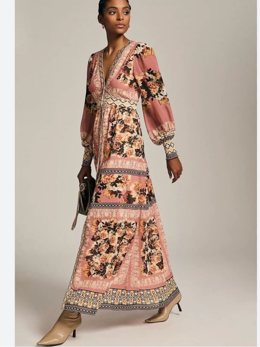 Anthropologie Vineet Bahl Embroidered Long-Sleeve Maxi Dress Xl Petite